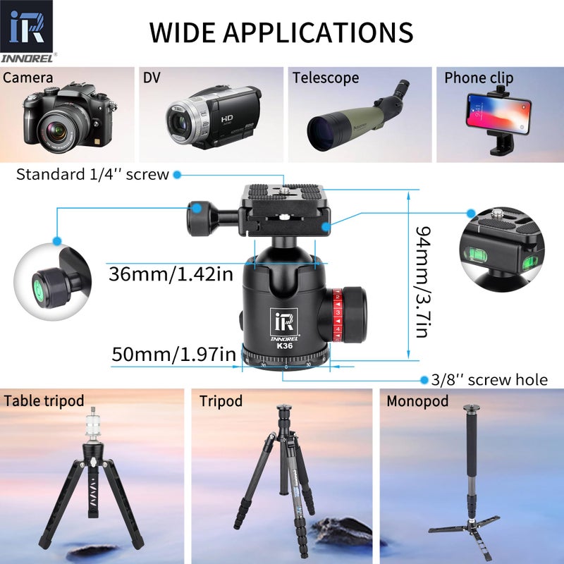 Innorel 10 Layers Carbon Fiber Travel Tripod Monopod-INNOREL RT55C with 36mm Panoramic Ball Head 360 Degree and Carrying Case Professional Lightweight Compact Tripods for Digital Camera Camcorder DSLR - Image 3